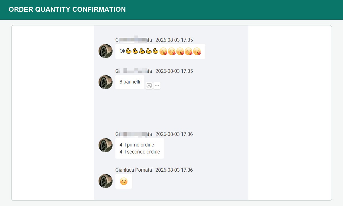Pr&eacute;cision du client sur les quantit&eacute;s de panneaux entre les commandes